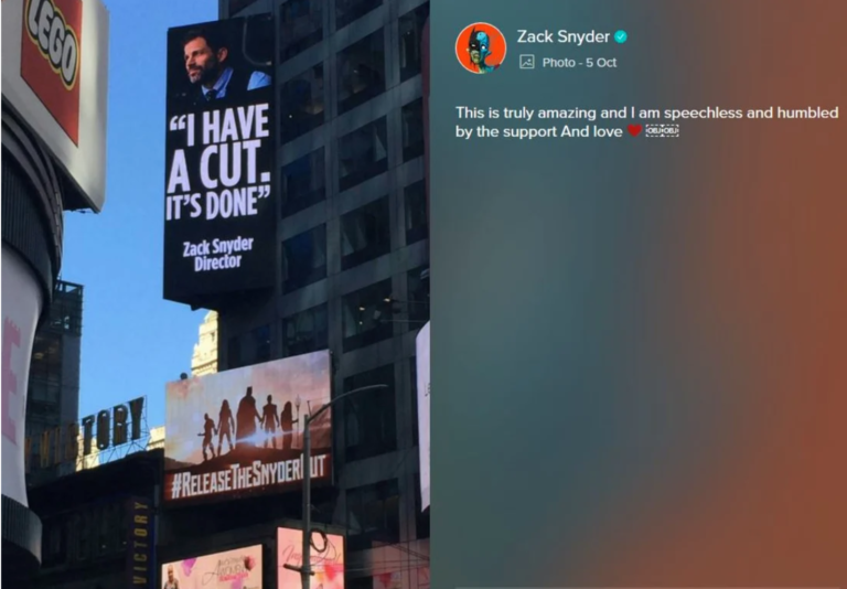Zack感謝粉絲為 Snyder Cut在紐約時代廣場租了一塊廣告牌作宣傳