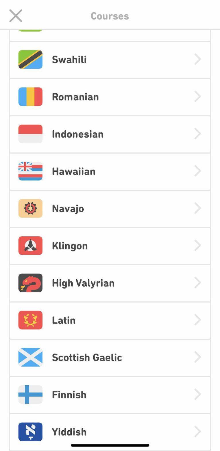 Duolingo App中可選擇多種語言課程