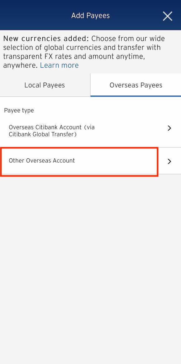Citi Mobile App「Add Payees」頁面挑選「Other Overseas Account」