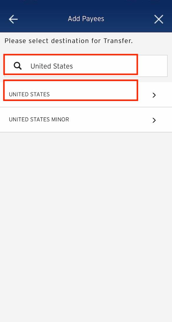 Citi Mobile App「Add Payees」頁面挑選「United States」