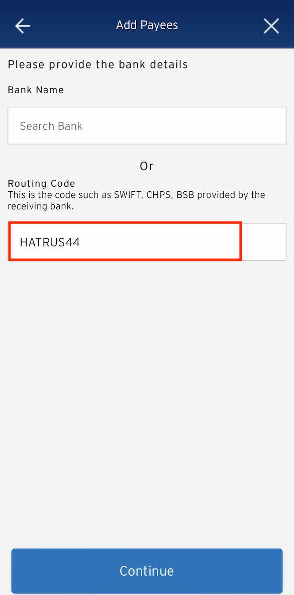 Citi Mobile App「Add Payees」頁面輸入「HATRUS44」