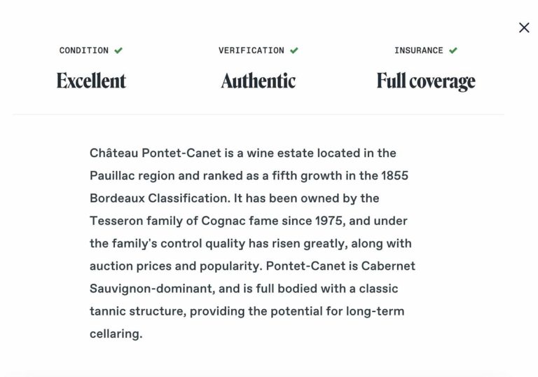 Vinovest "Portfolio" 頁面中對紅酒的詳細介紹