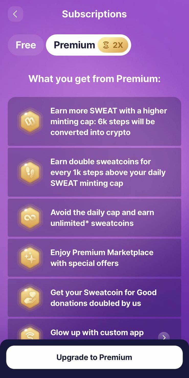 Sweatcoin app 中介紹 Sweatcoin Premium 的頁面