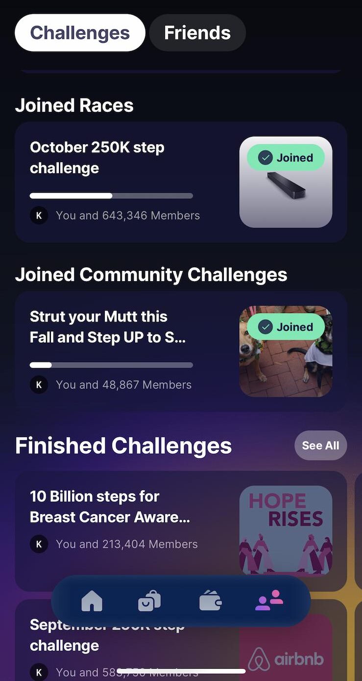 Sweatcoin app 中的社群挑戰頁面