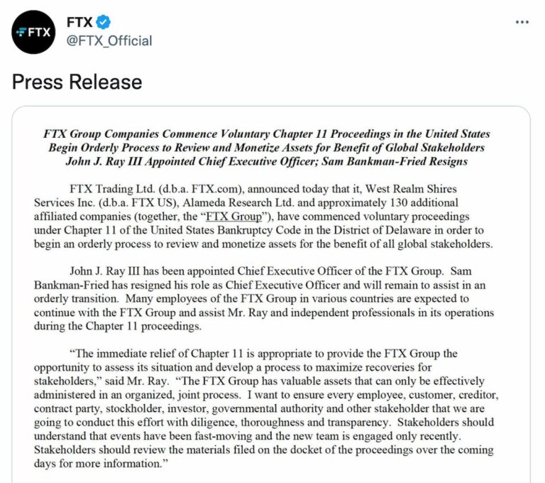 FTX 在 Twitter 上宣佈申請破產保護