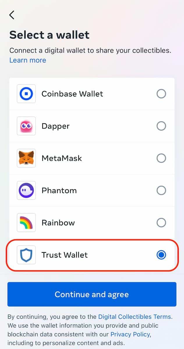 Instagram 目前支援 Coinbase Wallet、Dapper、MetaMask、Phantom、Rainbow、Trust Wallet 6款數位錢包