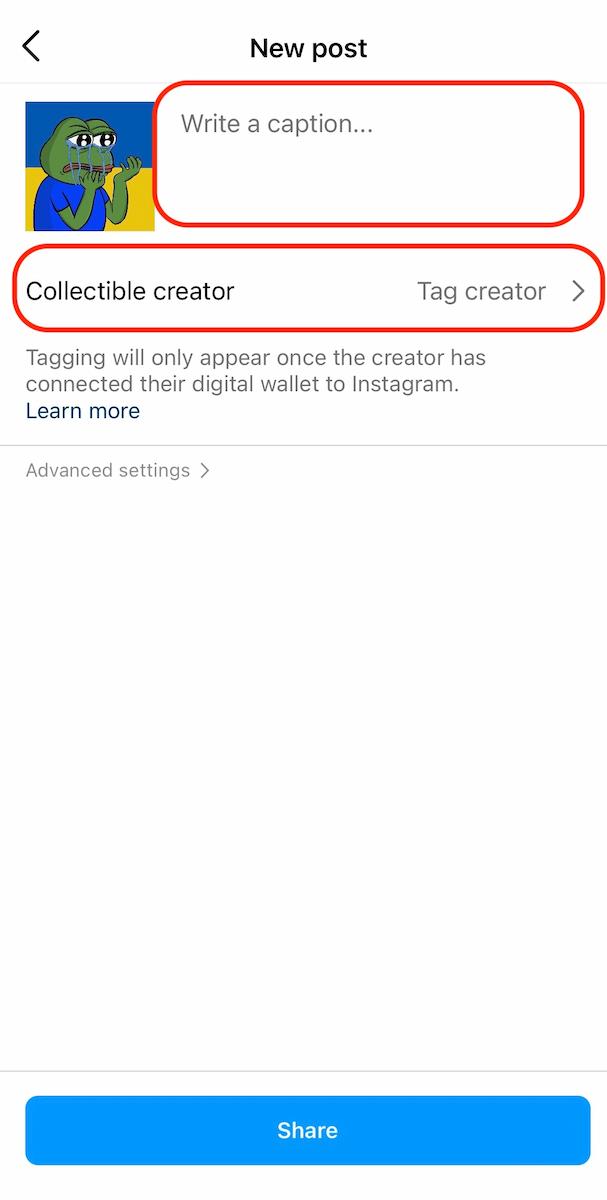 在 Instagram 上發佈 NFT 只能簡單的填寫 caption 和 tag 創作者