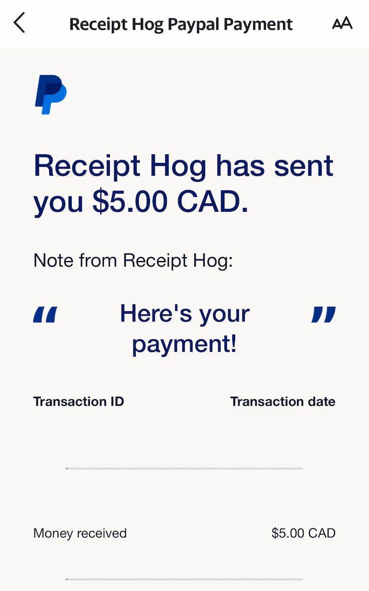 PayPal 收到 Receipt Hog 付款後發出的收據