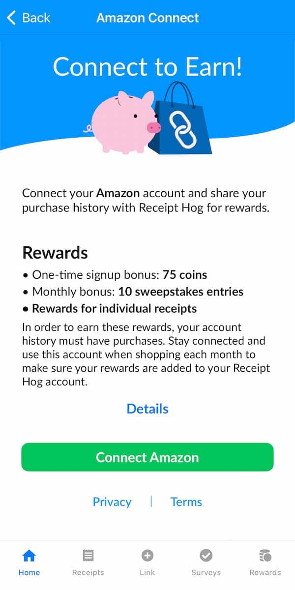 Receipt Hog app 中連結 Amazon 帳戶的頁面