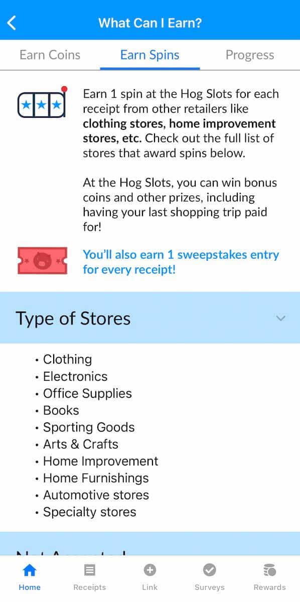 Receipt Hog app 中有關賺取 Hog Slots 機會指引的頁面