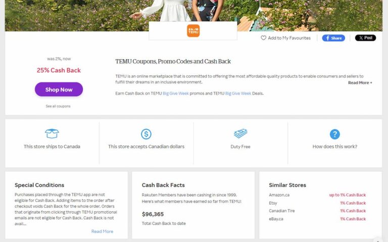 在 Rakuten.ca 上的 Temu 商店頁面